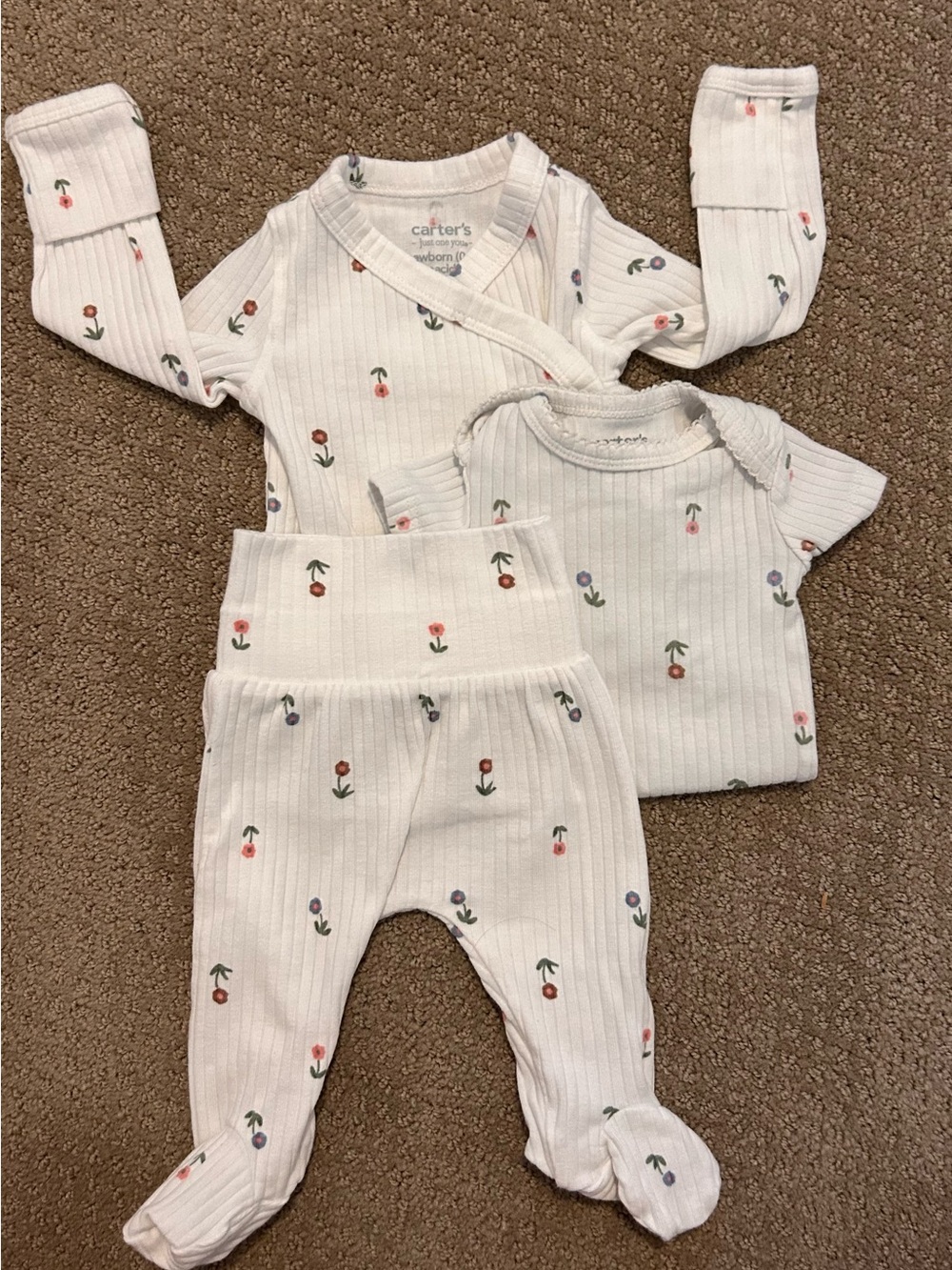 Carter's White Ribbed Newborn Footed Pants with Small Floral Prints